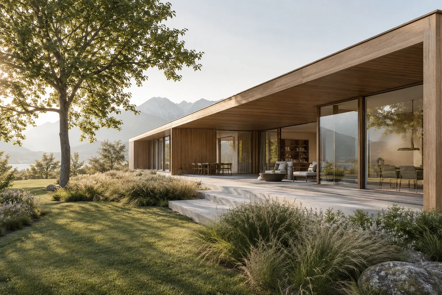 Holzarchitektur mit geschützter Terrasse und Bezug zur Landschaft