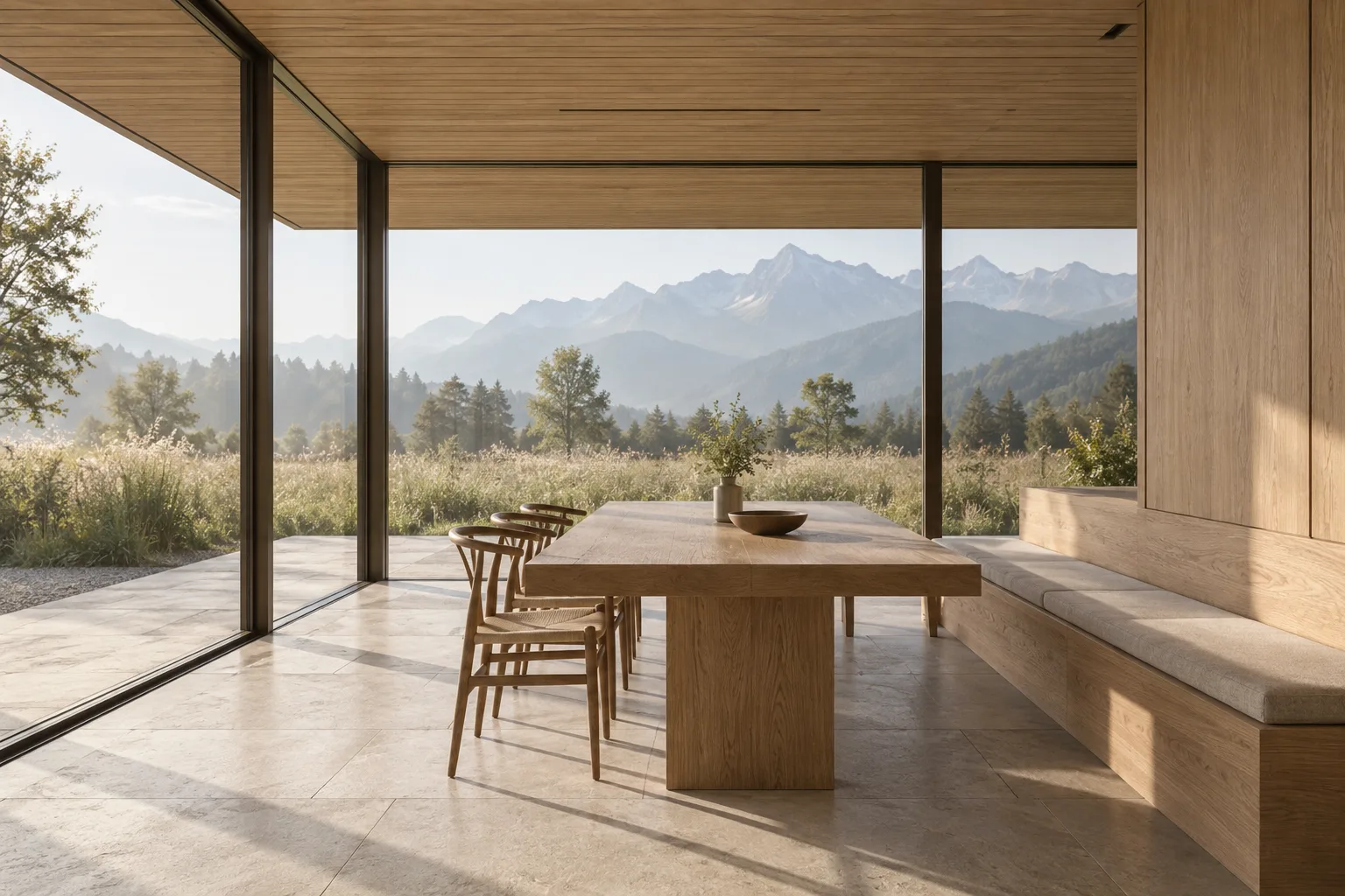 Ruhiger Innenraum mit Holzdecke und Blick in die Landschaft